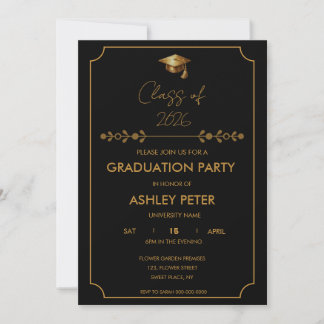 Invitación Minimal Classy Black & Gold Grad Party Invitation