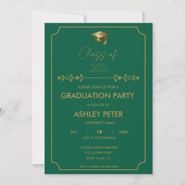 Invitación Minimal Classy Green & Gold Grad Party Invitation (Anverso)