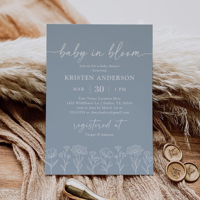 Invitación Minimal Dusty Blue Boho Wildflower Baby Shower (Subido por el creador)