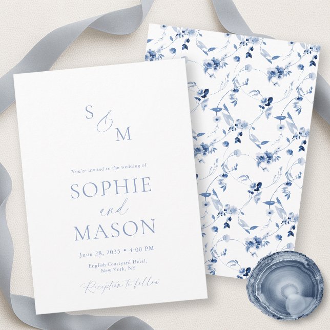 Invitación Minimal Dusty Blue Monogram Wedding Invitation (Subido por el creador)