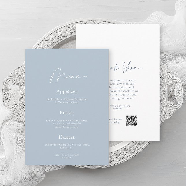 Invitación Minimal Dusty Blue Wedding Menu & Thank You Card (Subido por el creador)