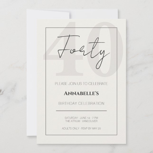 Invitación Minimal Elegant Forty 40th Birthday Celebration  (Anverso)