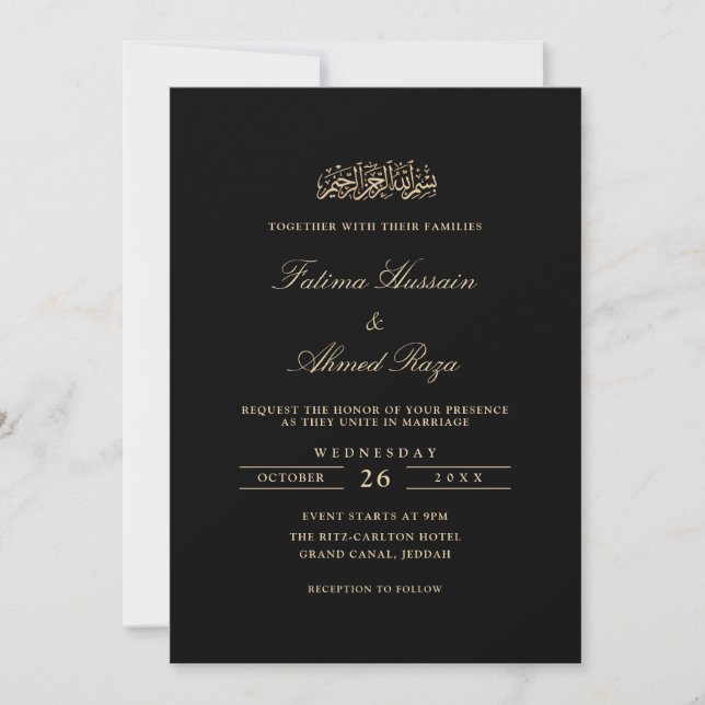 Invitación Minimal Elegant Gold Script Black Muslim Wedding (Anverso)