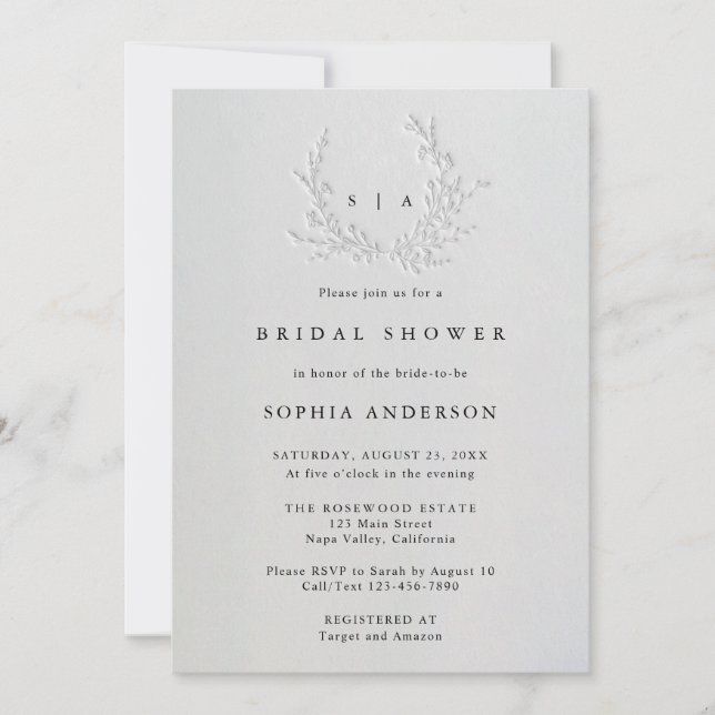 Invitación Minimal Faux Blind Deboss Cotton Bridal Shower (Anverso)