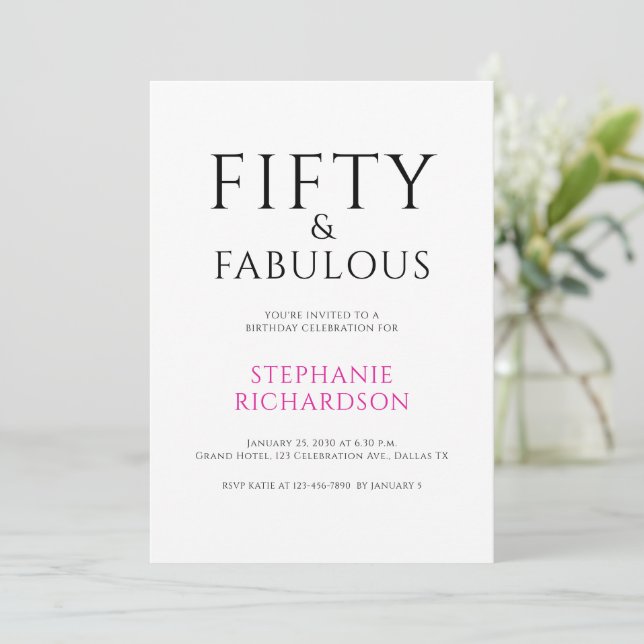 Invitación Minimal Fifty and Fabulous 50th Birthday Party  (Anverso de pie)