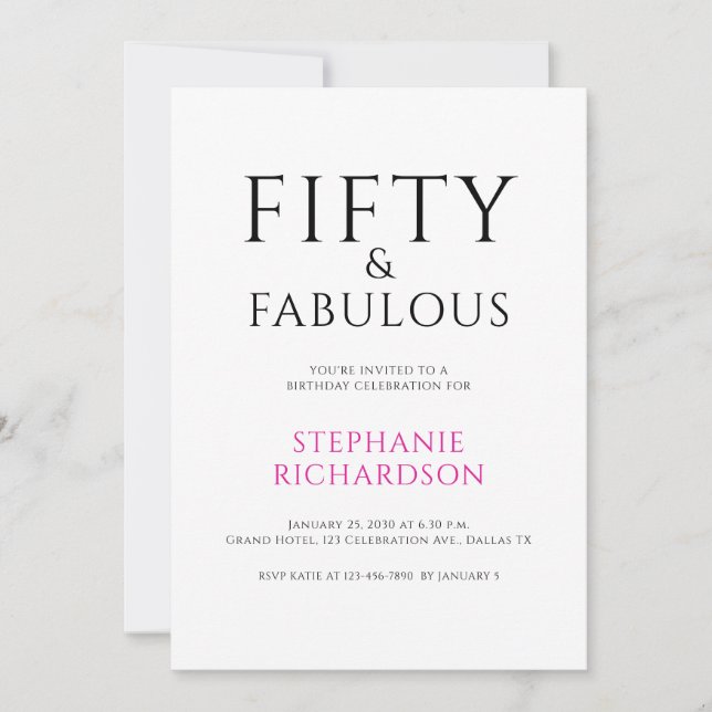 Invitación Minimal Fifty and Fabulous 50th Birthday Party  (Anverso)