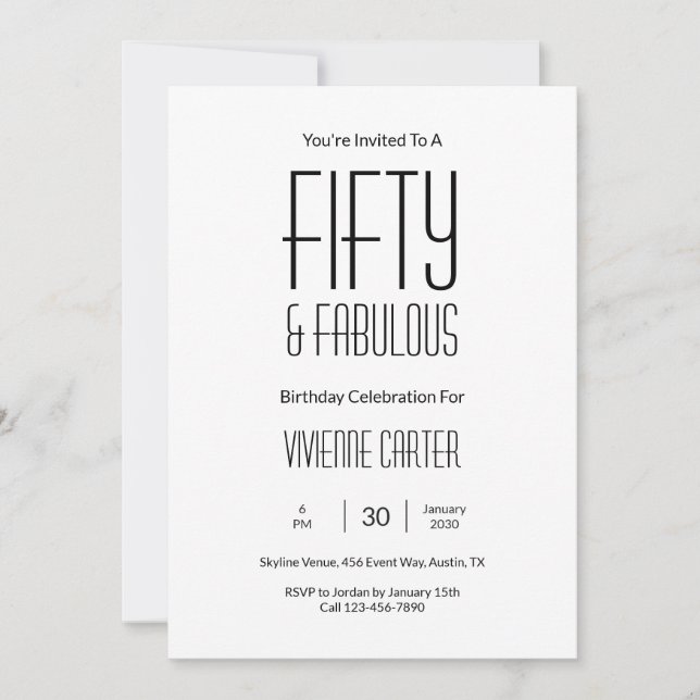 Invitación Minimal Fifty and Fabulous 50th Birthday Party (Anverso)