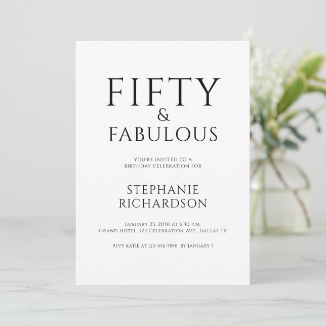 Invitación Minimal Fifty and Fabulous 50th Birthday Party  (Anverso de pie)