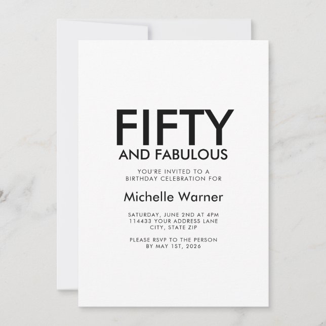 Invitación Minimal Fifty and Fabulous 50th Birthday Party (Anverso)