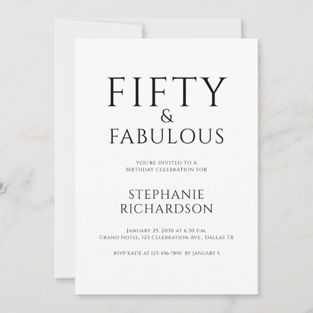 Invitación Minimal Fifty and Fabulous 50th Birthday Party  (Anverso)