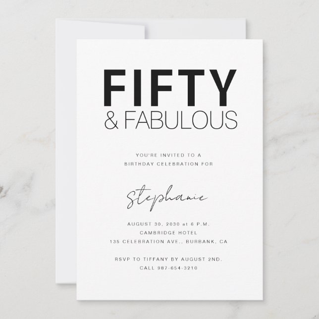 Invitación Minimal Fifty and Fabulous 50th Birthday Party (Anverso)