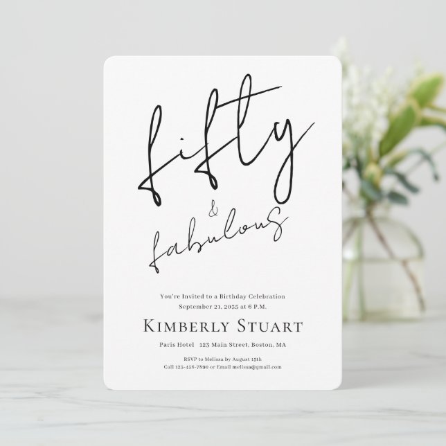 Invitación Minimal Fifty and Fabulous 50th Script Birthday (Anverso de pie)
