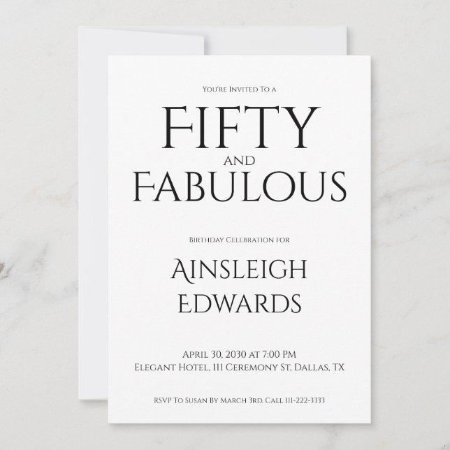 Invitación Minimal Fifty and Fabulous Black 50th Birthday (Anverso)