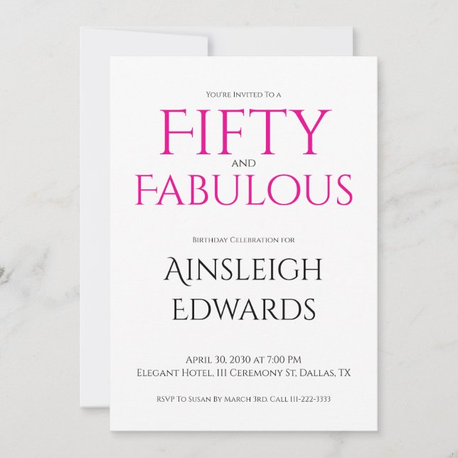 Invitación Minimal Fifty and Fabulous Pink 50th Birthday (Anverso)