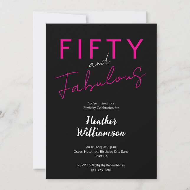 Invitación Minimal Fifty and Fabulous Pink 50th Birthday  (Anverso)