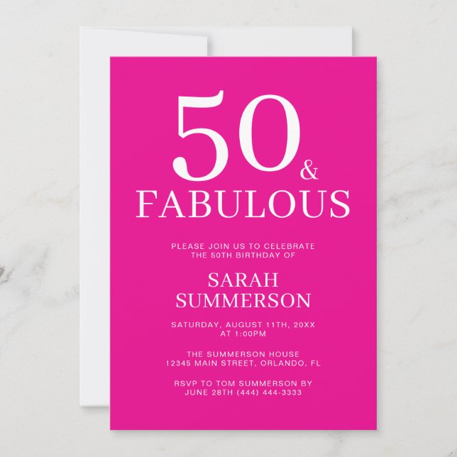 Invitación Minimal Fifty Fabulous Pink 50th Birthday Party (Anverso)