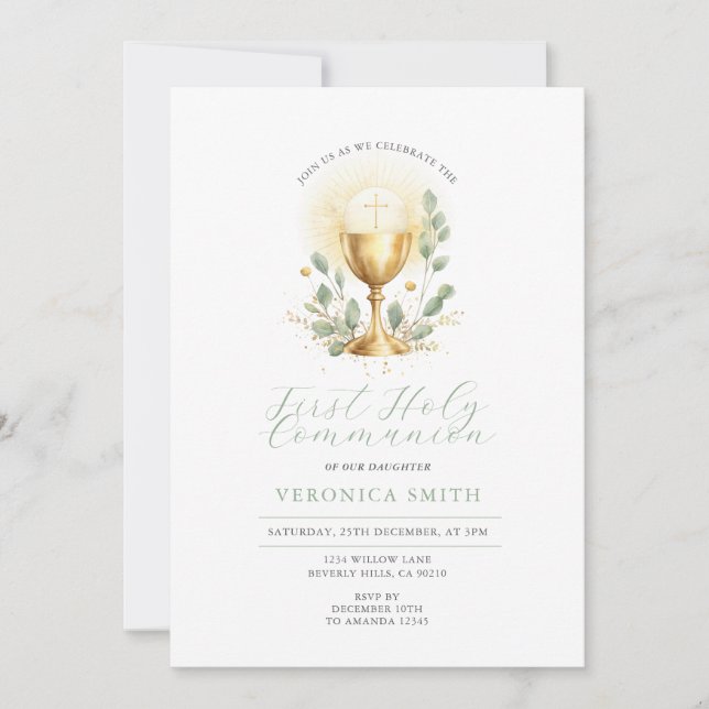 Invitación Minimal First Holy Communion Gold Chalice Cross (Anverso)