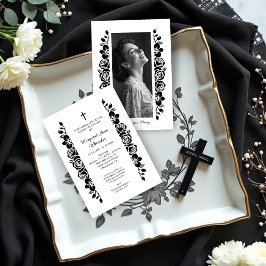 Invitación Minimal Floral Back & White Garland Photo Funeral