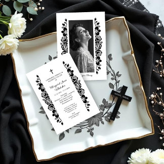 Invitación Minimal Floral Back & White Garland Photo Funeral