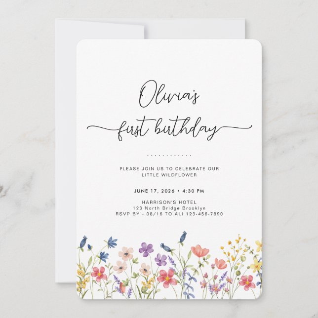 Invitación Minimal Floral First Birthday Invitation (Anverso)