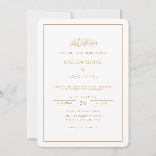 Invitación Minimal Formal Script Gold Frame Muslim Wedding (Anverso)