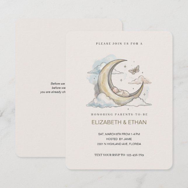 Invitación Minimal Gold Crescent Moon Swaddled Baby Shower (Anverso / Reverso)