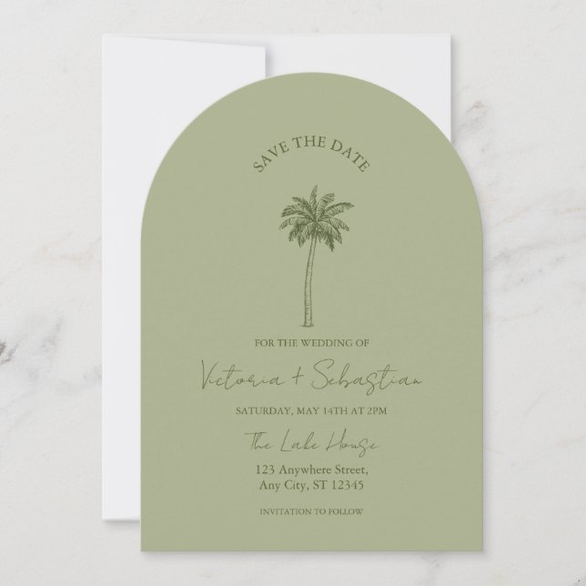 Invitación Minimal Green Palm Tree Beach Save The Date (Anverso)