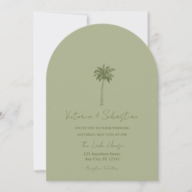 Invitación Minimal Green Palm Tree Beach Wedding Invitation (Anverso)