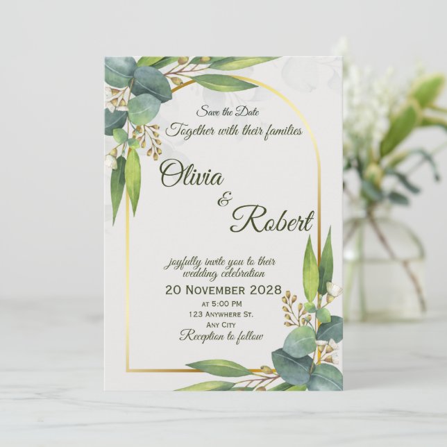 Invitación Minimal Greenery Wedding Invitation Gold Arch (Anverso de pie)