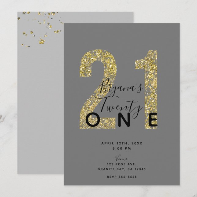 Invitación Minimal Grey Gold Flakes 21 Glitter Cumpleaños 21 (Anverso / Reverso)