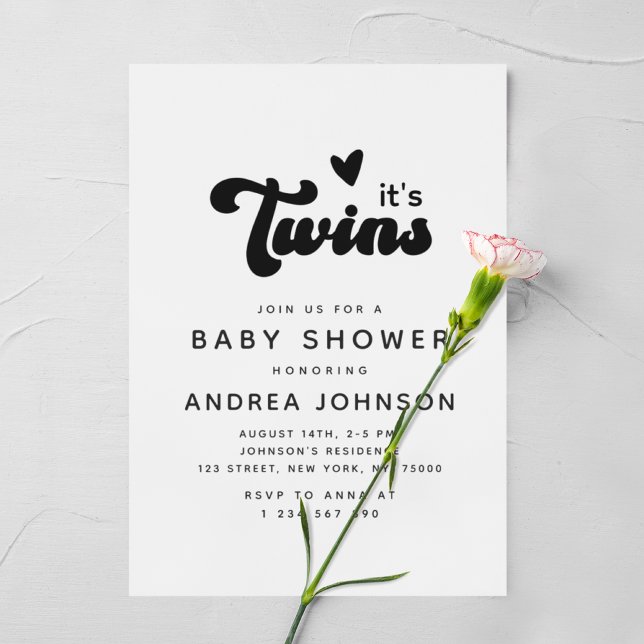 Invitación Minimal Groovy Retro Twins Heart Baby Shower (Subido por el creador)