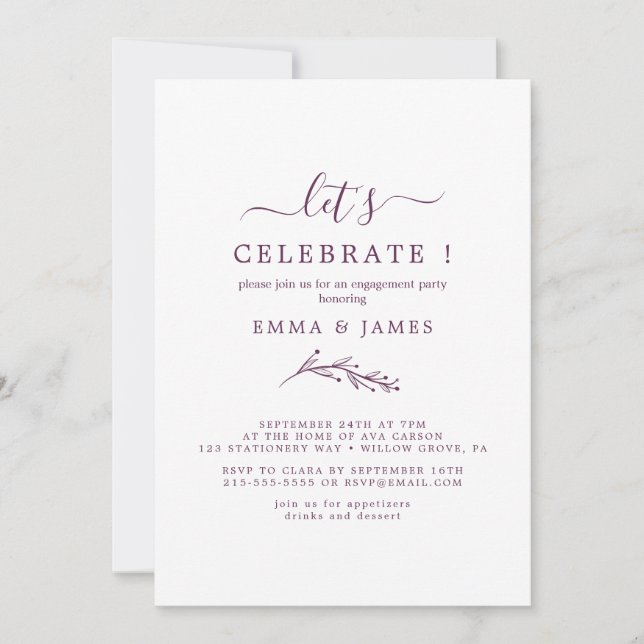 Invitación Minimal Hoja | Berenjena "Celebremos"  (Anverso)