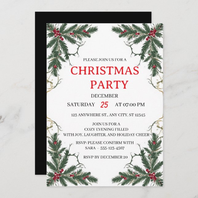 Invitación Minimal Holiday Greenery Party Invitation (Anverso / Reverso)