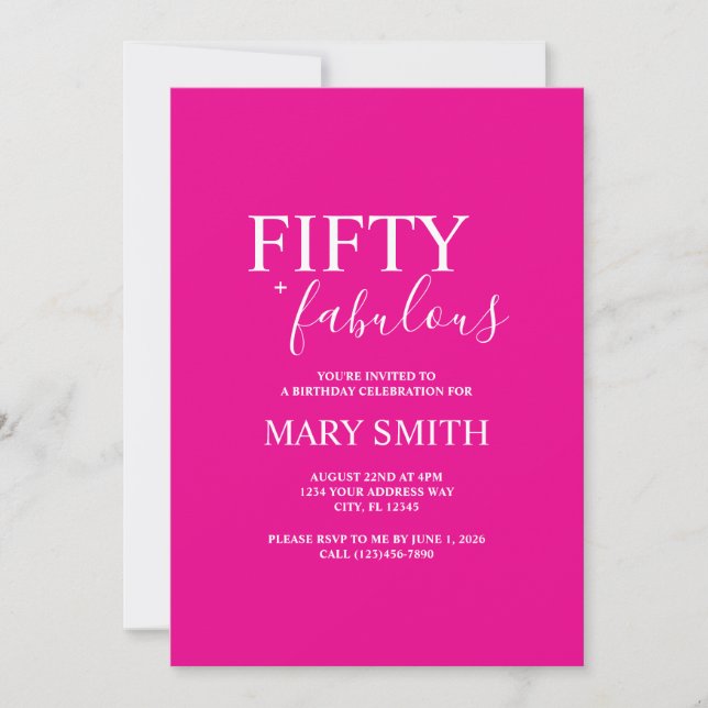 Invitación Minimal Hot Pink Fifty and Fabulous 50th Birthday (Anverso)