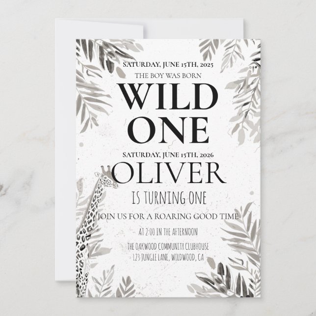 Invitación Minimal Jungle Wild One 1st Birthday Greenery (Anverso)