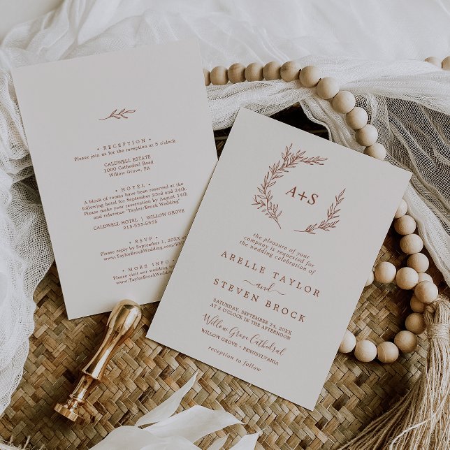 Invitación Minimal Leaf | Boda Todo en Uno Boho Crema (Minimal Leaf | Boho Cream All In One Wedding Invitation)
