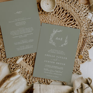 Invitación Minimal Leaf Verde Salvia Claro Boda Todo en Uno