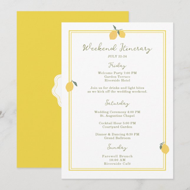 Invitación Minimal Lemon Amalfi Coast Wedding Itinerary Card (Anverso / Reverso)