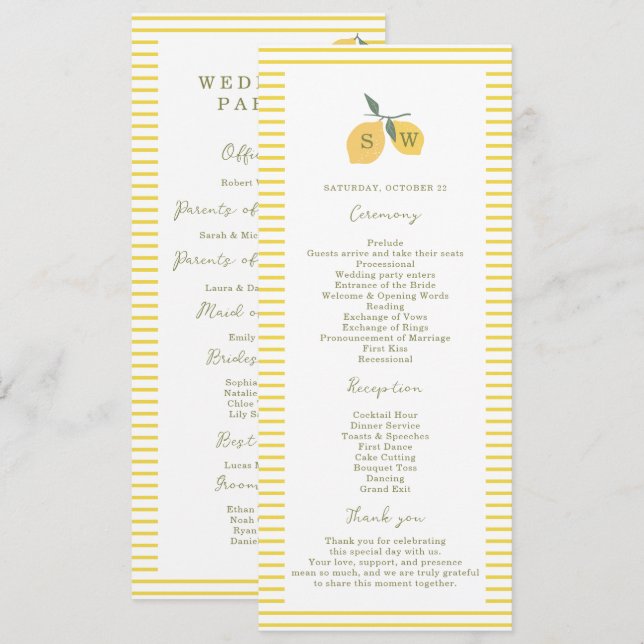 Invitación Minimal Lemon Amalfi Coast Wedding Program Card (Anverso / Reverso)
