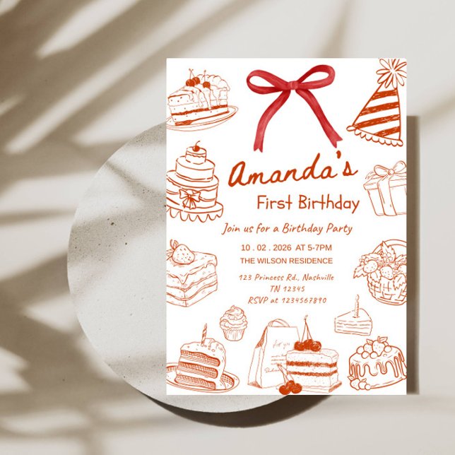 Invitación Minimal Line Art Birthday Cake Baby’s 1st Birthday (Subido por el creador)