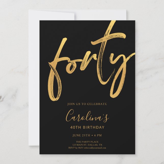 Invitación Minimal Modern Black & Gold 40th Birthday (Anverso)
