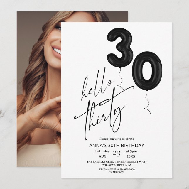 Invitación Minimal Modern Black White 30th Birthday (Anverso / Reverso)