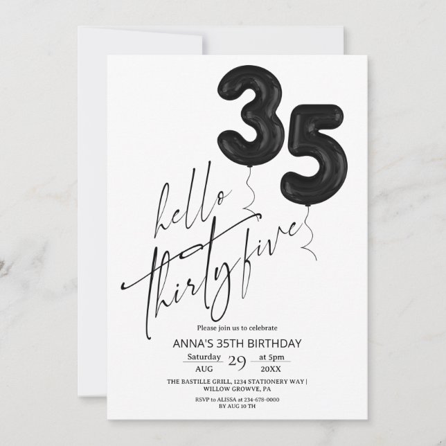 Invitación Minimal Modern Black White 35th Birthday (Anverso)