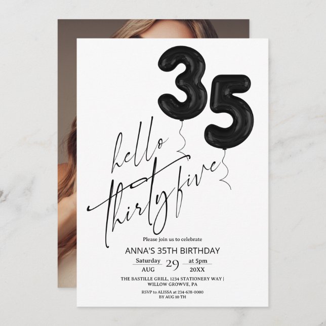 Invitación Minimal Modern Black White 35th Birthday (Anverso / Reverso)