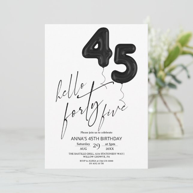 Invitación Minimal Modern Black White 45th Birthday (Anverso de pie)
