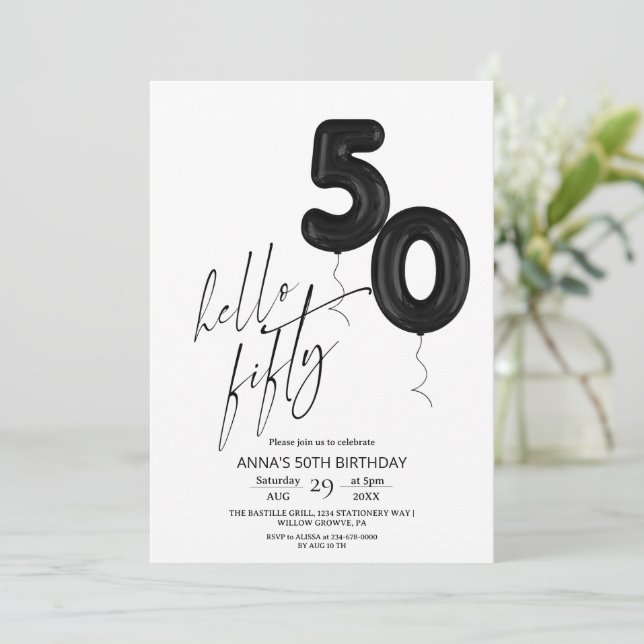 Invitación Minimal Modern Black White 50th Birthday (Anverso de pie)