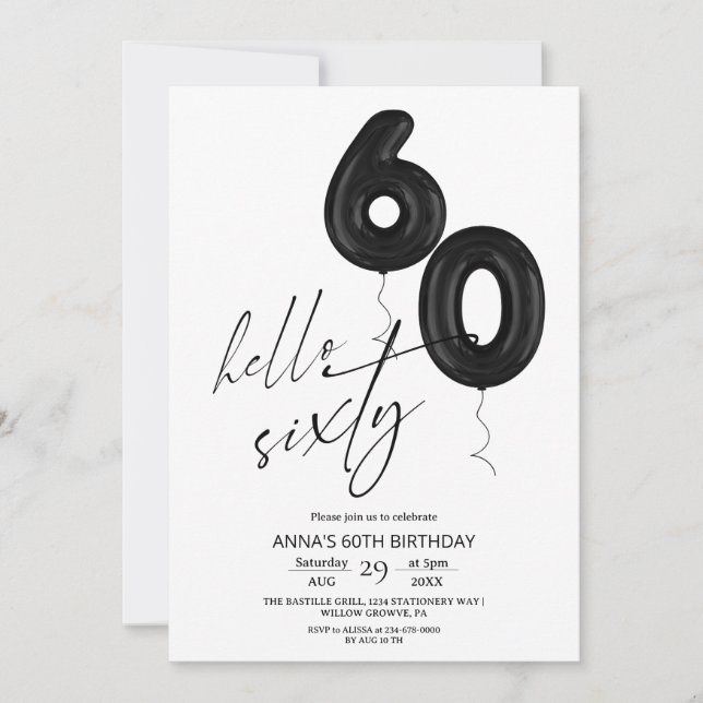 Invitación Minimal Modern Black White 60th Birthday  (Anverso)