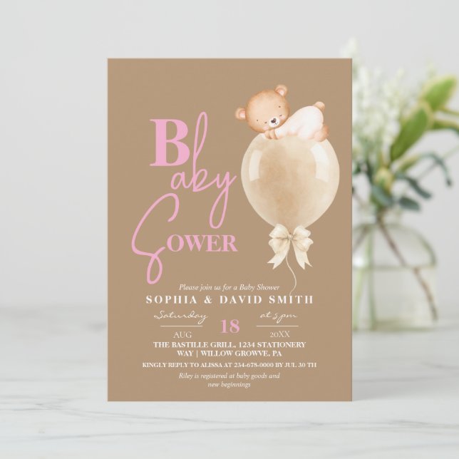 Invitación Minimal Modern Brown Pink Bear Balloon Baby Shower (Anverso de pie)