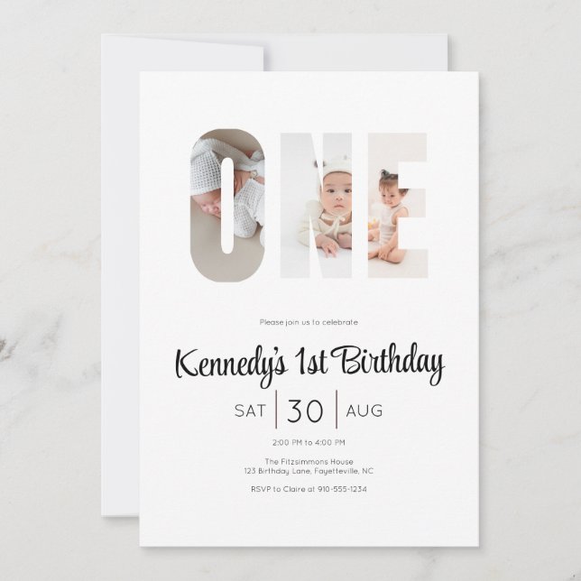 Invitación Minimal Modern First Birthday Photo Party  (Anverso)