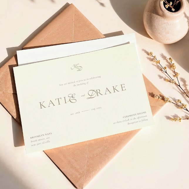 Invitación Minimal Monogram Cream Ivory Script Wedding (Subido por el creador)